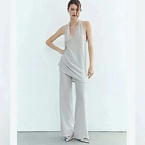 ZARA Wide Leg Knit Trousers Pull On Pants  Metallic Sheer Party Disco Rave